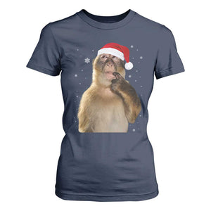 Christmas Thinking Monkey Meme Humor Brainrot T Shirt For Women TS11 Navy Print Your Wear