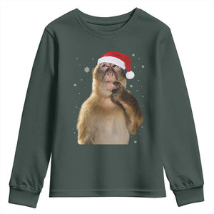 Christmas Thinking Monkey Meme Humor Brainrot Youth Sweatshirt TS11 Dark Forest Green Print Your Wear