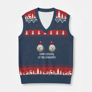 Funny Xmas Adult Humor V-Neck Knit Sweater Vest Stop Staring At My Snowmen Boobs Xmas Embarrassing TS11 Navy Red Print Your Wear