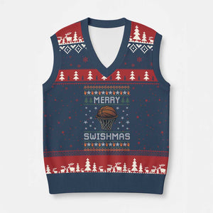 Funny Xmas Basketball V-Neck Knit Sweater Vest Merry Swishmas Ugly Xmas Swish Technique TS11 Navy Red Print Your Wear
