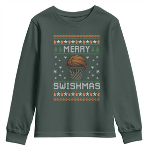 Funny Christmas Basketball Youth Sweatshirt Merry Swishmas Ugly Xmas Swish Technique TS11 Dark Forest Green Print Your Wear