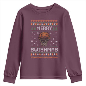 Funny Christmas Basketball Youth Sweatshirt Merry Swishmas Ugly Xmas Swish Technique TS11 Maroon Print Your Wear