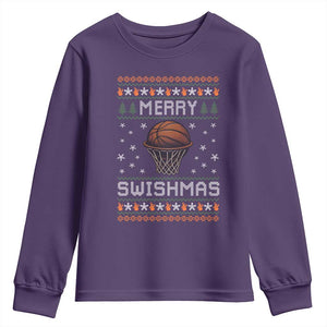 Funny Christmas Basketball Youth Sweatshirt Merry Swishmas Ugly Xmas Swish Technique TS11 Purple Print Your Wear