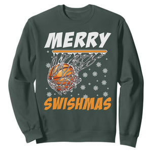 Funny Christmas Basketball Sweatshirt Merry Swishmas Xmas Swish Technique TS11 Dark Forest Green Print Your Wear