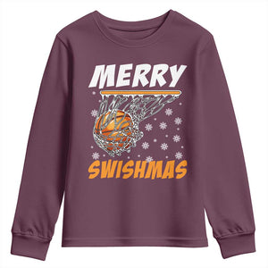 Funny Christmas Basketball Youth Sweatshirt Merry Swishmas Xmas Swish Technique TS11 Maroon Print Your Wear