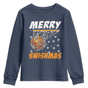 Funny Christmas Basketball Youth Sweatshirt Merry Swishmas Xmas Swish Technique TS11 Navy Print Your Wear
