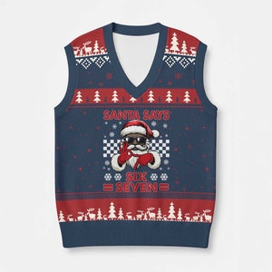 67 African American Santa Xmas V-Neck Knit Sweater Vest Funny Santa Says Six Seven Meme Gen Alpha Slang TS11 Navy Red Print Your Wear