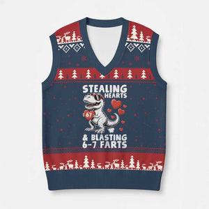 Funny 67 Meme Valentines Day Dinosaur V-Neck Knit Sweater Vest Stealing Hearts And Blasting 67 Farts TS11 Navy Red Print Your Wear