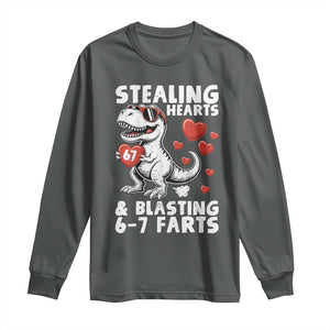 Funny 67 Meme Valentines Day Dinosaur Long Sleeve Shirt Stealing Hearts And Blasting 67 Farts TS11 Dark Heather Print Your Wear