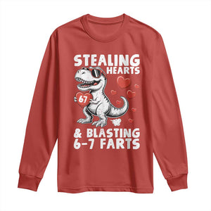 Funny 67 Meme Valentines Day Dinosaur Long Sleeve Shirt Stealing Hearts And Blasting 67 Farts TS11 Red Print Your Wear