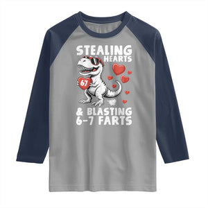 Funny 67 Meme Valentines Day Dinosaur Raglan Shirt Stealing Hearts And Blasting 67 Farts TS11 Sport Gray Navy Print Your Wear