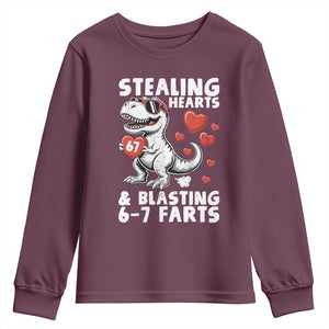 Funny 67 Meme Valentines Day Dinosaur Youth Sweatshirt Stealing Hearts And Blasting 67 Farts TS11 Maroon Print Your Wear