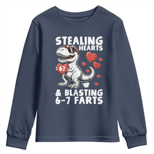 Funny 67 Meme Valentines Day Dinosaur Youth Sweatshirt Stealing Hearts And Blasting 67 Farts TS11 Navy Print Your Wear