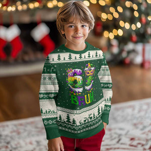 Funny 67 Mardi Gras Bruh Ugly Christmas Sweater Six Seven Meme Fleur De Lis Hand Gesture TS11 Forest Green Beige Print Your Wear