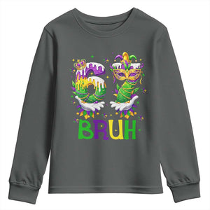 Funny 67 Mardi Gras Bruh Youth Sweatshirt Six Seven Meme Fleur De Lis Hand Gesture TS11 Dark Heather Print Your Wear