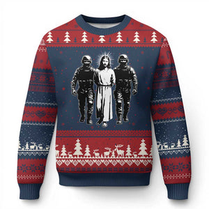 Jesus Arrested Parody Ugly Christmas Sweater Funny Immigrant Rights Political Protest TS11 Navy Red Print Your Wear