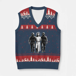Jesus Arrested Parody V-Neck Knit Sweater Vest Funny Immigrant Rights Political Protest TS11 Navy Red Print Your Wear