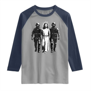 Jesus Arrested Parody Raglan Shirt Funny Immigrant Rights Political Protest TS11 Sport Gray Navy Print Your Wear
