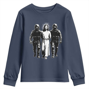 Jesus Arrested Parody Youth Sweatshirt Funny Immigrant Rights Political Protest TS11 Navy Print Your Wear