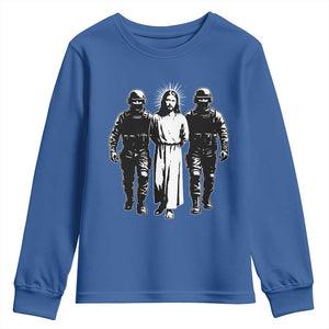 Jesus Arrested Parody Youth Sweatshirt Funny Immigrant Rights Political Protest TS11 Royal Blue Print Your Wear