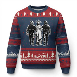 Statue Of Liberty Arrested Ugly Christmas Sweater Funny Immigrant Rights Political Protest TS11 Navy Red Print Your Wear