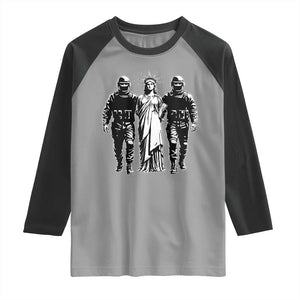 Statue Of Liberty Arrested Raglan Shirt Funny Immigrant Rights Political Protest TS11 Sport Gray Black Print Your Wear