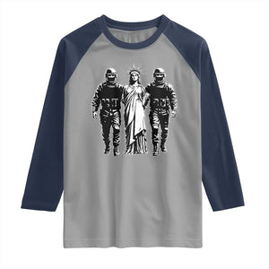 Statue Of Liberty Arrested Raglan Shirt Funny Immigrant Rights Political Protest TS11 Sport Gray Navy Print Your Wear
