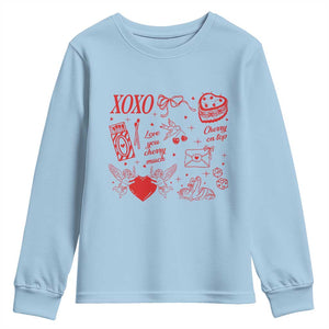 Xoxo Valentines Day Youth Sweatshirt Love You Cherry Much Vintage Coquette TS11 Light Blue Print Your Wear