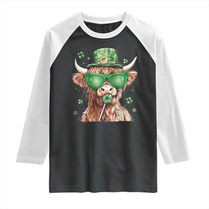 Funny St Patrick's Day Highland Cow Shamrock Raglan Shirt TS11 Black White Print Your Wear