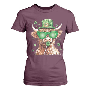 Funny St Patrick's Day Highland Cow Shamrock T Shirt For Women TS11 Maroon Print Your Wear