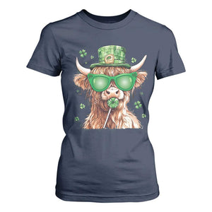 Funny St Patrick's Day Highland Cow Shamrock T Shirt For Women TS11 Navy Print Your Wear