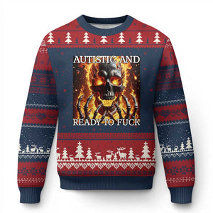Funny Autistic Fire Skeleton Ugly Christmas Sweater Autism Humor Joke TS11 Navy Red Print Your Wear