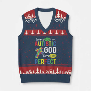 Society Says I Am Autistic God Says I Am Perfect V-Neck Knit Sweater Vest Autism Awareness TS11 Navy Red Print Your Wear