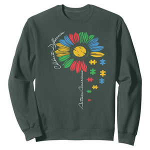 Autism Awareness Celebrate Differences Sweatshirt Sunflower Puzzle Pieces TS11 Dark Forest Green Print Your Wear