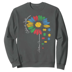 Autism Awareness Celebrate Differences Sweatshirt Sunflower Puzzle Pieces TS11 Dark Heather Print Your Wear