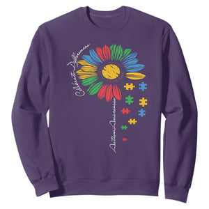 Autism Awareness Celebrate Differences Sweatshirt Sunflower Puzzle Pieces TS11 Purple Print Your Wear