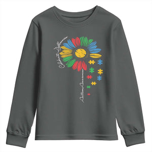 Autism Awareness Celebrate Differences Youth Sweatshirt Sunflower Puzzle Pieces TS11 Dark Heather Print Your Wear