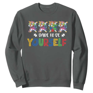 Funny Autism Awareness Dare To Be Yourself Sweatshirt Dabbing Unicorn TS11 Dark Heather Print Your Wear