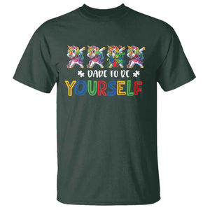 Funny Autism Awareness Dare To Be Yourself T Shirt Dabbing Unicorn TS11 Dark Forest Green Print Your Wear