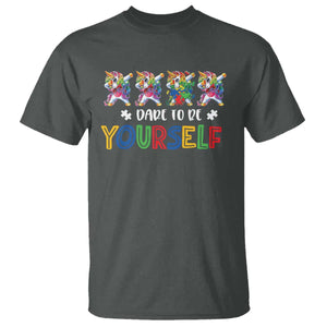 Funny Autism Awareness Dare To Be Yourself T Shirt Dabbing Unicorn TS11 Dark Heather Print Your Wear