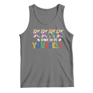 Funny Autism Awareness Dare To Be Yourself Tank Top Dabbing Unicorn TS11 Black Heather Print Your Wear