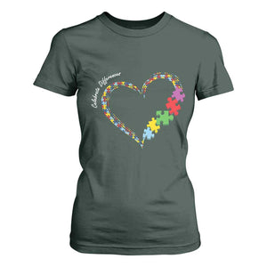 Autism Awareness Celebrate Differences T Shirt For Women Love Heart Puzzle Pieces TS11 Dark Forest Green Print Your Wear