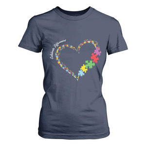 Autism Awareness Celebrate Differences T Shirt For Women Love Heart Puzzle Pieces TS11 Navy Print Your Wear