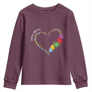 Autism Awareness Celebrate Differences Youth Sweatshirt Love Heart Puzzle Pieces TS11 Maroon Print Your Wear