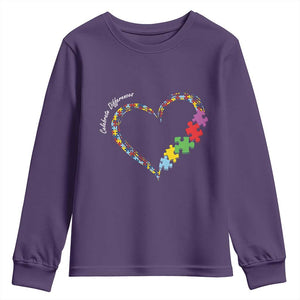 Autism Awareness Celebrate Differences Youth Sweatshirt Love Heart Puzzle Pieces TS11 Purple Print Your Wear