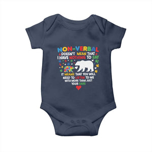 Autism Awareness Baby Onesie Non Verbal Doesn't Mean That I Have Nothing To Say Puzzle Bear TS11 Navy Print Your Wear
