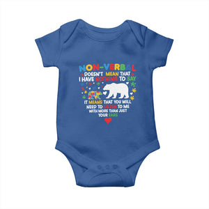 Autism Awareness Baby Onesie Non Verbal Doesn't Mean That I Have Nothing To Say Puzzle Bear TS11 Royal Blue Print Your Wear