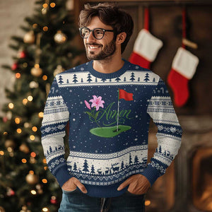 Amen Funny Golf Ugly Christmas Sweater Azalea Floral Augusta Georgia for Golfers TS11 Navy Beige Print Your Wear