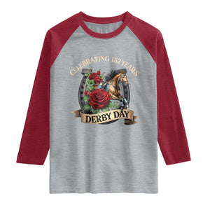 Celebrating 152 Years Derby Day Raglan Shirt Vintage Horse Racing Roses TS11 Heather Gray Heather Red Print Your Wear