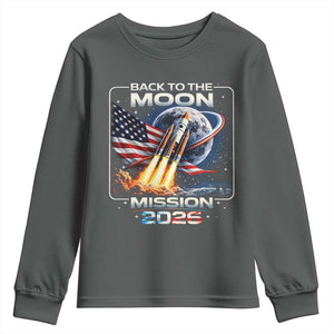 Back To The Moon Mission 2026 Youth Sweatshirt Rocket Launch Moon Space Program TS11 Dark Heather Print Your Wear